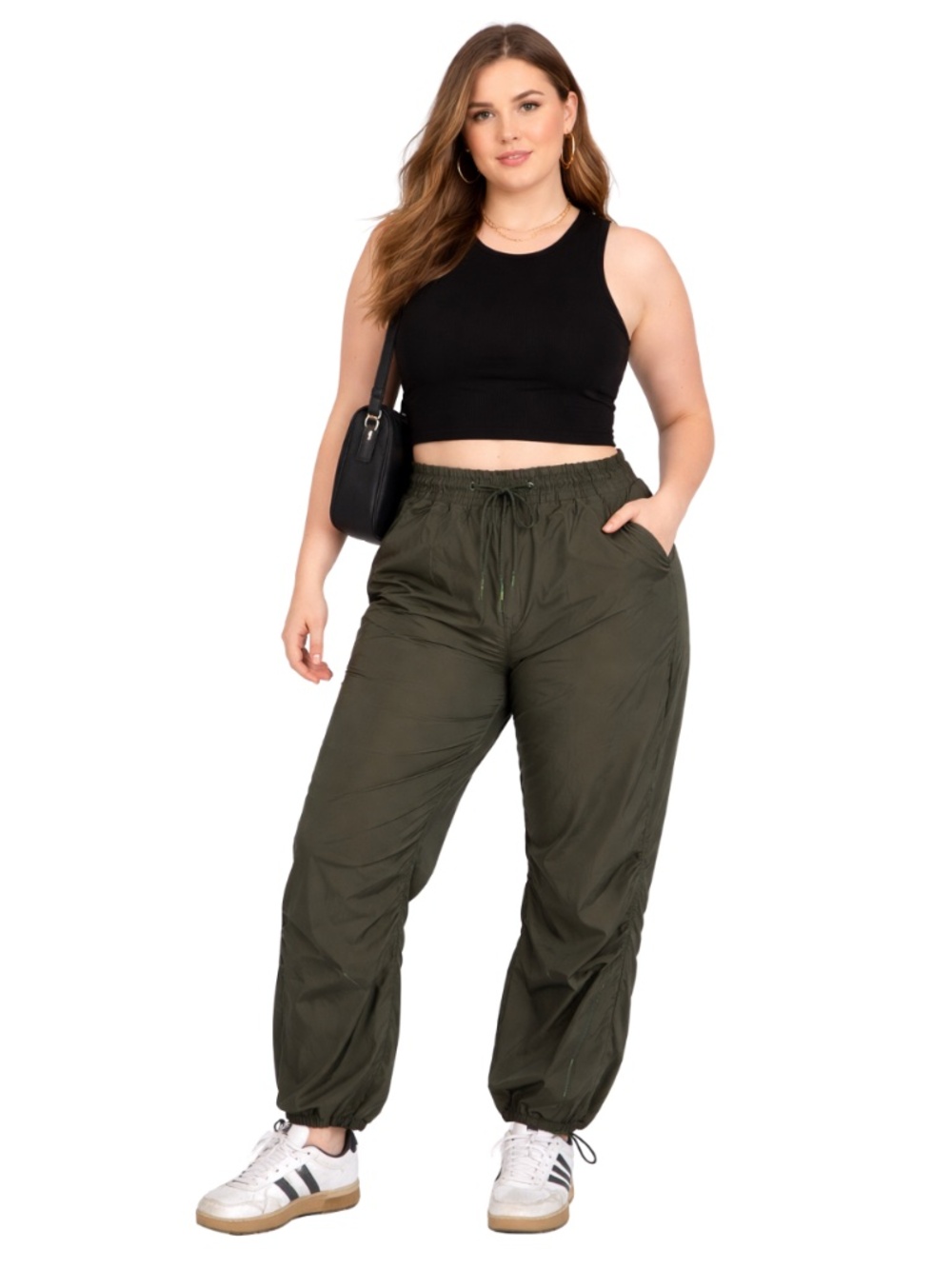 Ci Sono Dark Green Nylon Parachute Pants with Bungee Hem – Size Large EUC